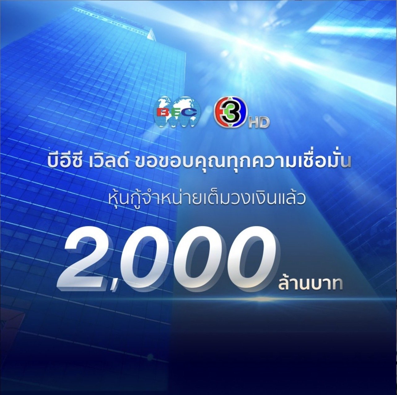 บีอีซี เวิลด์ ขอขอบคุณนักลงทุนที่เชื่อมั่น หุ้นกู้ปิดจองตามเป้า 2,000 ล้านบาท